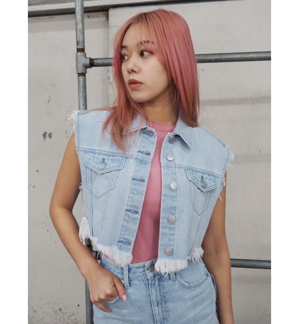 EVRIS「フリンジデザインデニムショートベスト」|デニムジャケット|