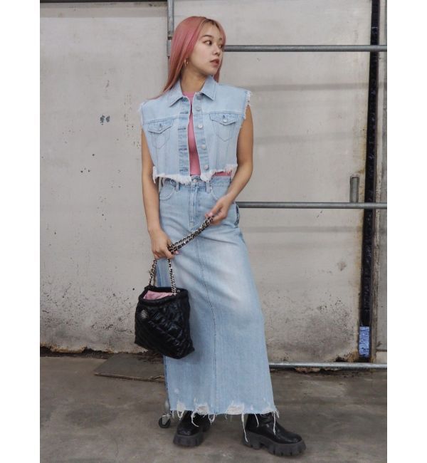 EVRIS「フリンジデザインデニムショートベスト」|デニムジャケット|