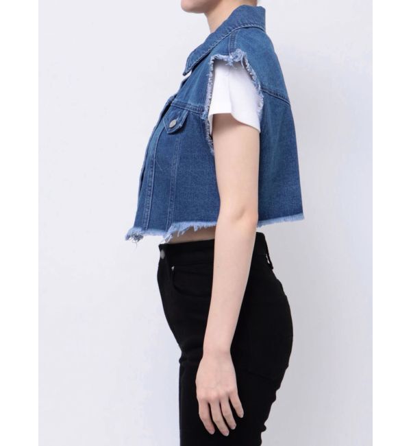 EVRIS「フリンジデザインデニムショートベスト」|デニムジャケット|