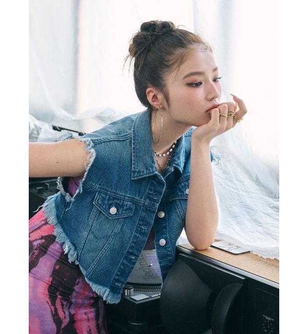 EVRIS「フリンジデザインデニムショートベスト」|デニムジャケット|