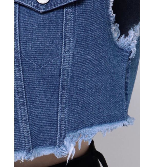 EVRIS「フリンジデザインデニムショートベスト」|デニムジャケット|