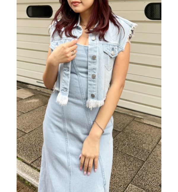 EVRIS「フリンジデザインデニムショートベスト」|デニムジャケット|