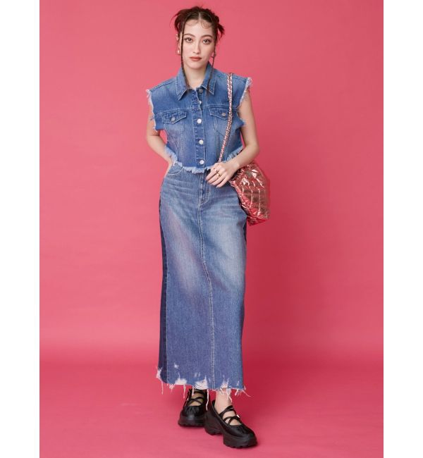 EVRIS「フリンジデザインデニムショートベスト」|デニムジャケット|