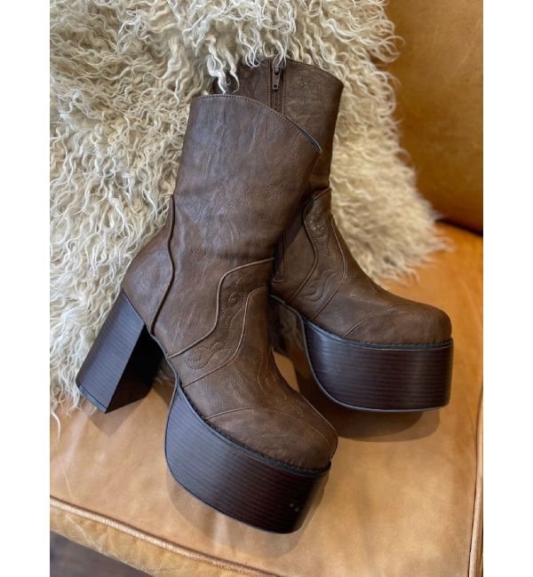 EVRIS「ウエスタンデザインプラットフォームブーツ」|ショートブーツ|ブラウン