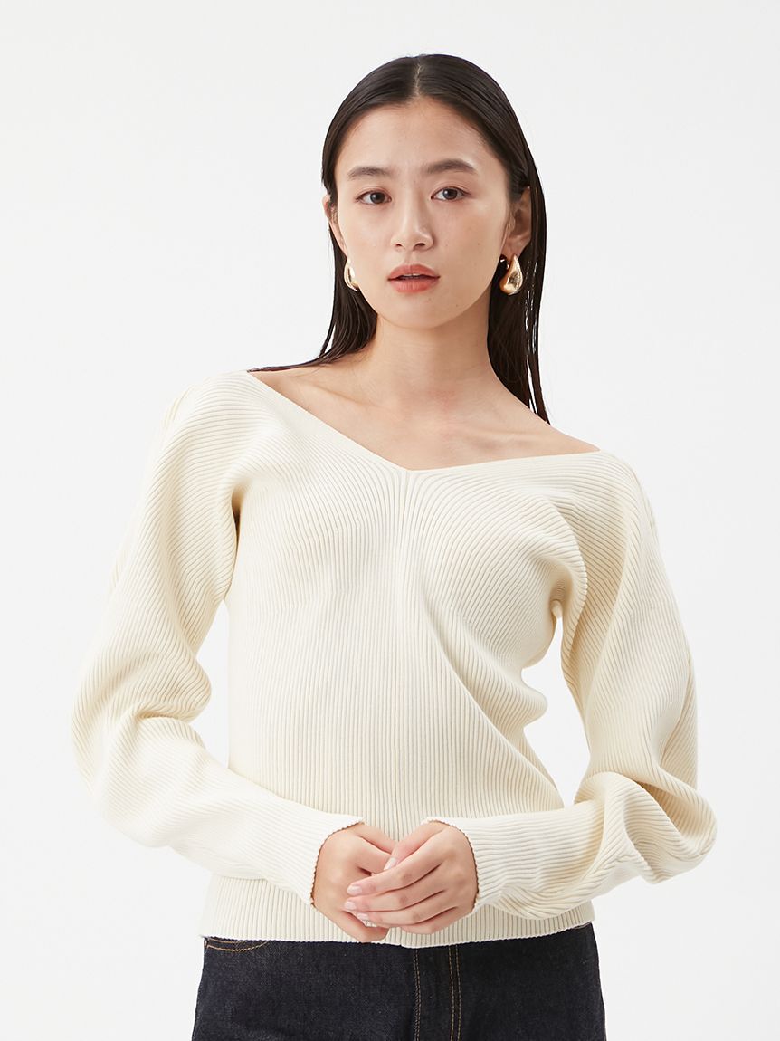 Mila Owen「Vネックカーブスリーブリブニットトップス」|ニット・セーター|WHT