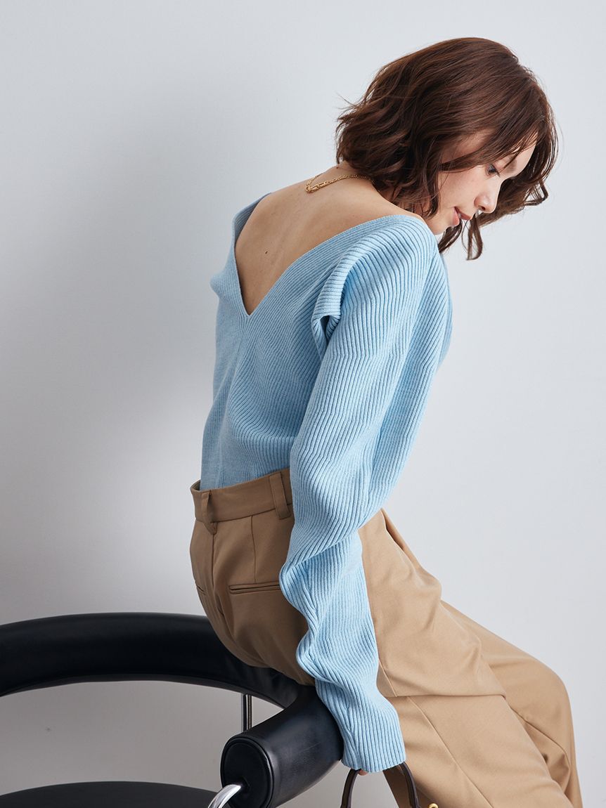 Mila Owen「Vネックカーブスリーブリブニットトップス」|ニット・セーター|