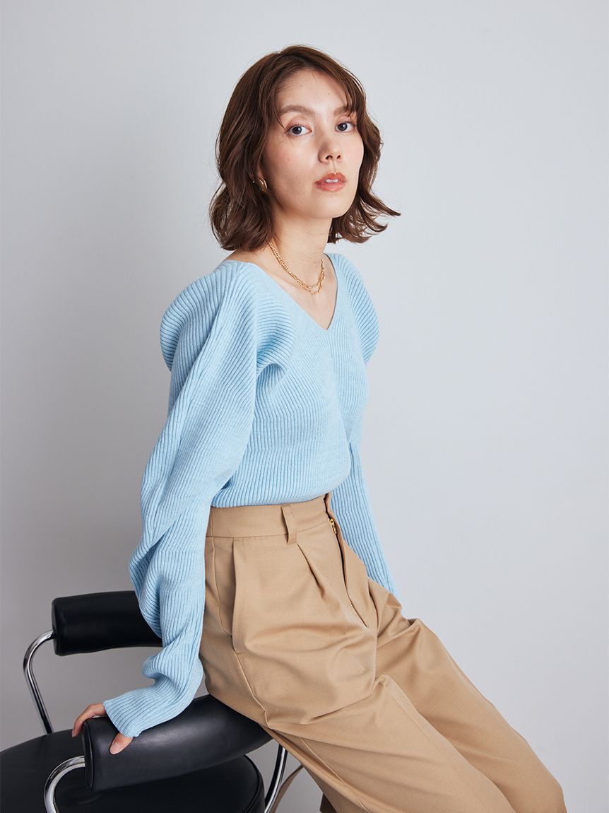 Mila Owen「Vネックカーブスリーブリブニットトップス」|ニット・セーター|