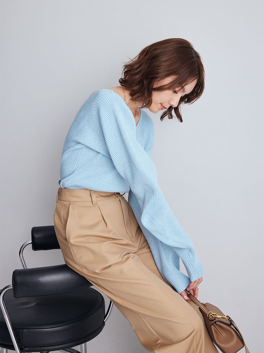 Mila Owen「Vネックカーブスリーブリブニットトップス」|ニット・セーター|