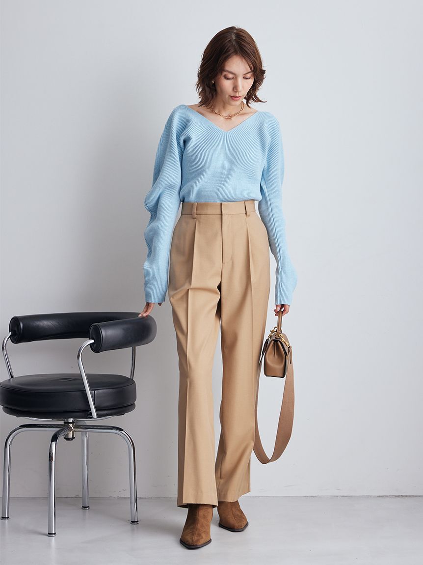 Mila Owen「Vネックカーブスリーブリブニットトップス」|ニット・セーター|