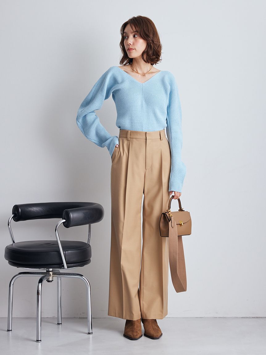 Mila Owen「Vネックカーブスリーブリブニットトップス」|ニット・セーター|