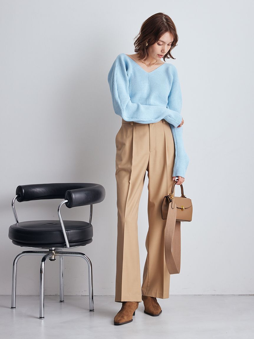 Mila Owen「Vネックカーブスリーブリブニットトップス」|ニット・セーター|