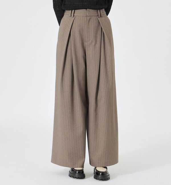  「ストライプカシュクールタックワイドパンツ」|スラックス|ベージュ
