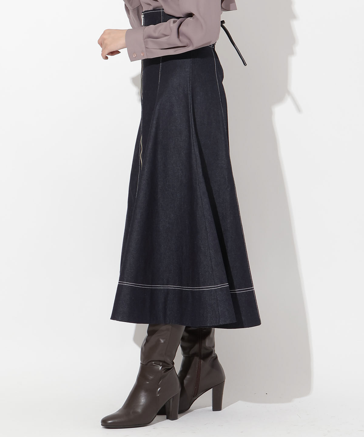 アンドクチュール「フロントジップデニムスカート」|フレア|