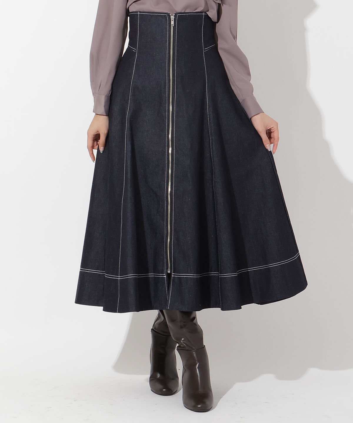 アンドクチュール「フロントジップデニムスカート」|フレア|ブラック