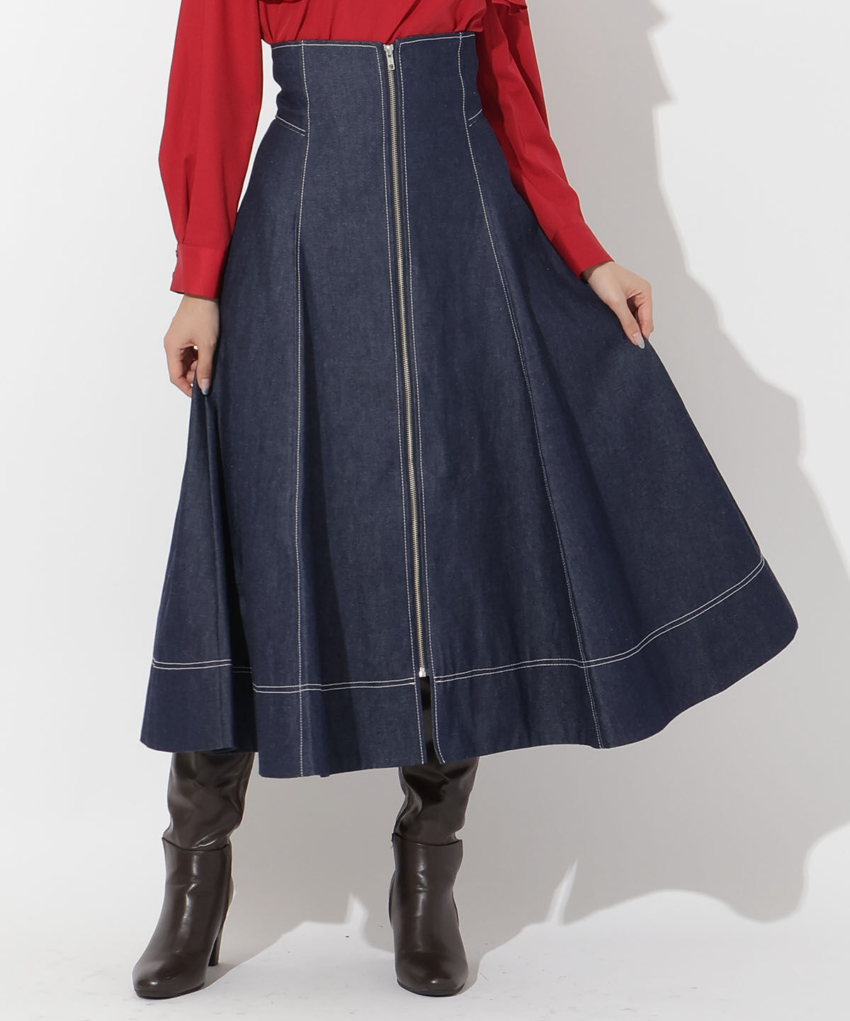 アンドクチュール「フロントジップデニムスカート」|フレア|