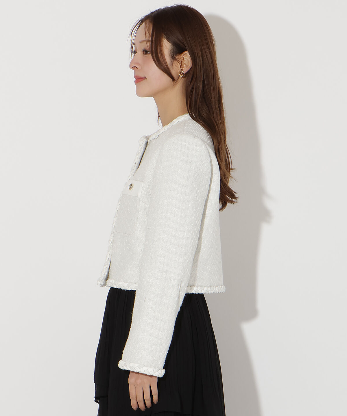 アンドクチュール「デニムコンビツイードジャケット」|ノーカラージャケット|