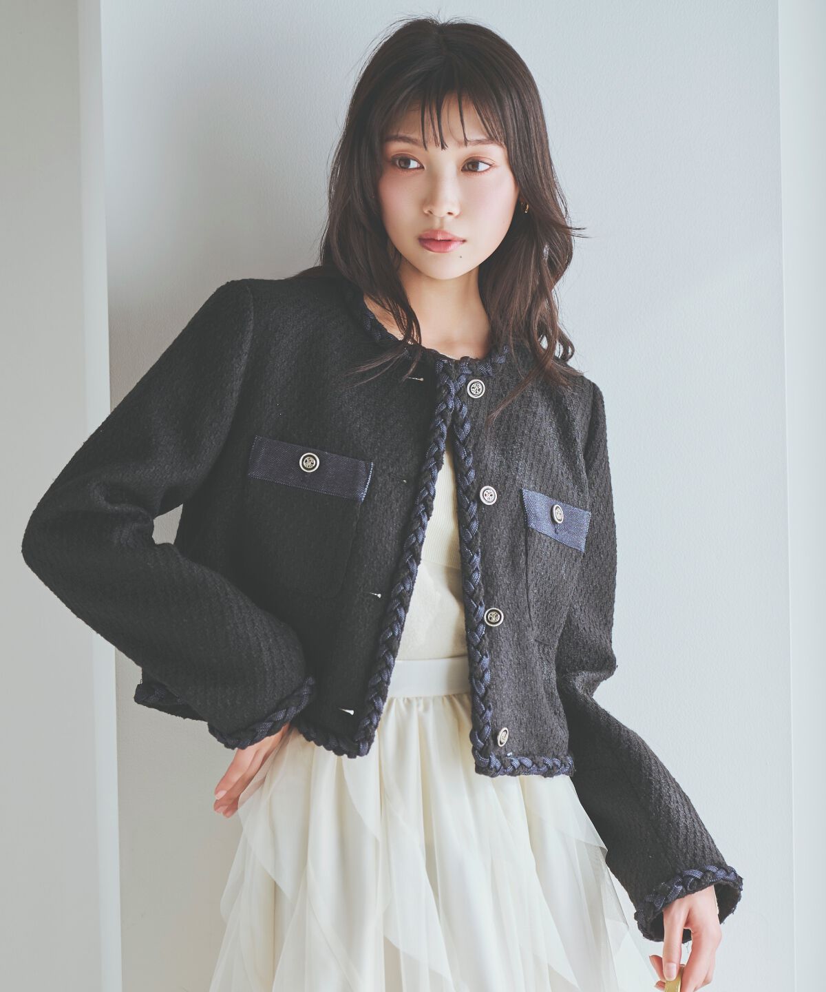 アンドクチュール「デニムコンビツイードジャケット」|ノーカラージャケット|