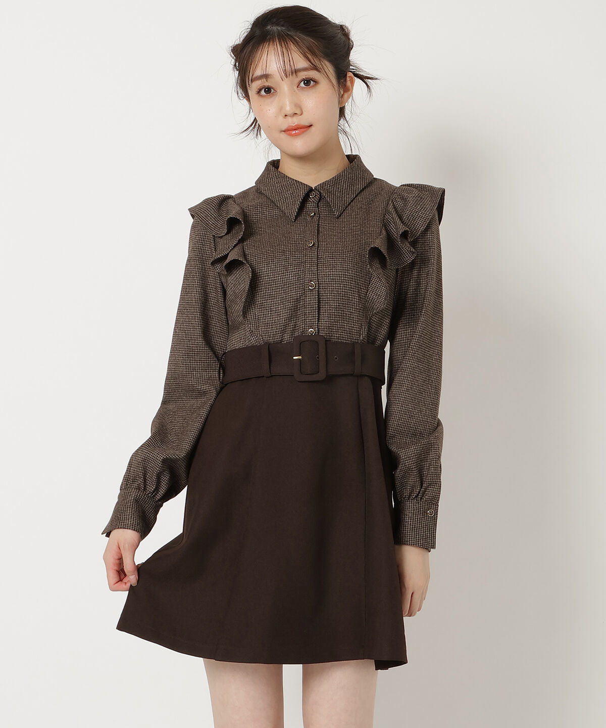 REDYAZEL「フリルシャツドッキングワンピース」|ワンピース|茶系チェック