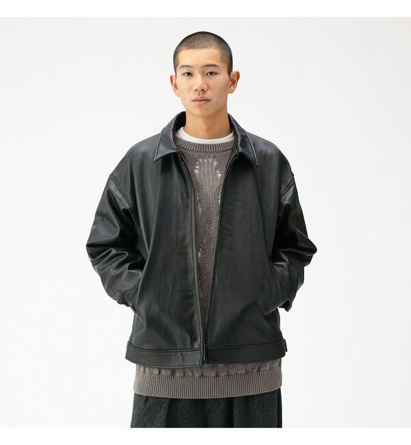BEAMS「ワイドフィット レザー ジップブルゾン」|ブルゾン・スタジャン|