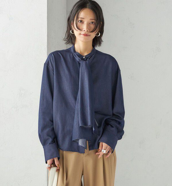 SHIPS for women「〈手洗い可能〉デニム ライク リボン タイ ブラウス」|シャツ・ブラウス|