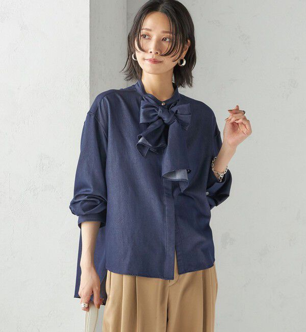 SHIPS for women「〈手洗い可能〉デニム ライク リボン タイ ブラウス」|シャツ・ブラウス|