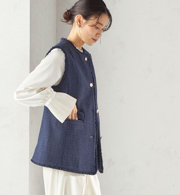 SHIPS for women「ランダム ラメ ノーカラー ボックス ジレ（セレモニー対応可）」|ベスト・ジレ|ネイビー