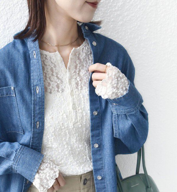 SHIPS for women「〈手洗い可能〉ラメ ラッセル レース ヘンリー ネック 2WAY プルオーバー」|Tシャツ・カットソー|