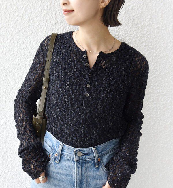 SHIPS for women「〈手洗い可能〉ラメ ラッセル レース ヘンリー ネック 2WAY プルオーバー」|Tシャツ・カットソー|