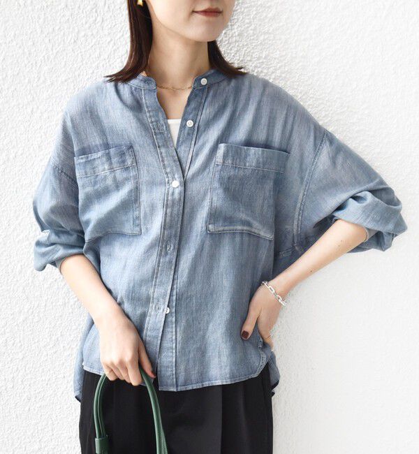 SHIPS for women「〈手洗い可能〉シアー デニム 袖 リブ バンドカラー シャツ」|シャツ・ブラウス|