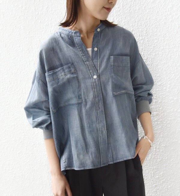 SHIPS for women「〈手洗い可能〉シアー デニム 袖 リブ バンドカラー シャツ」|シャツ・ブラウス|