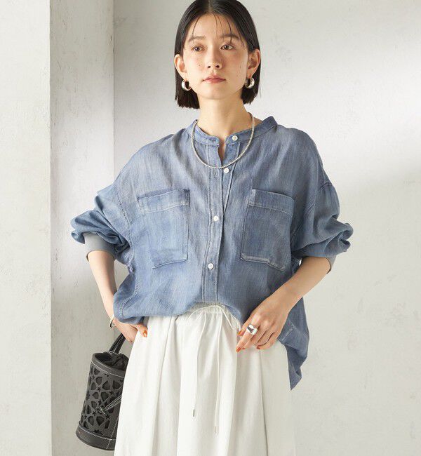 SHIPS for women「〈手洗い可能〉シアー デニム 袖 リブ バンドカラー シャツ」|シャツ・ブラウス|