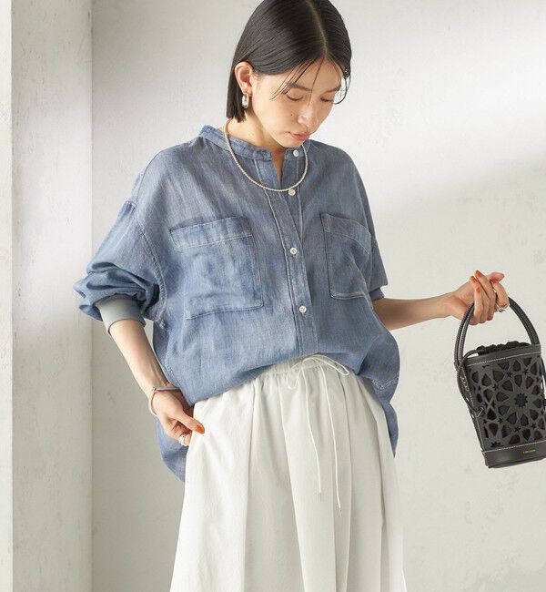 SHIPS for women「〈手洗い可能〉シアー デニム 袖 リブ バンドカラー シャツ」|シャツ・ブラウス|