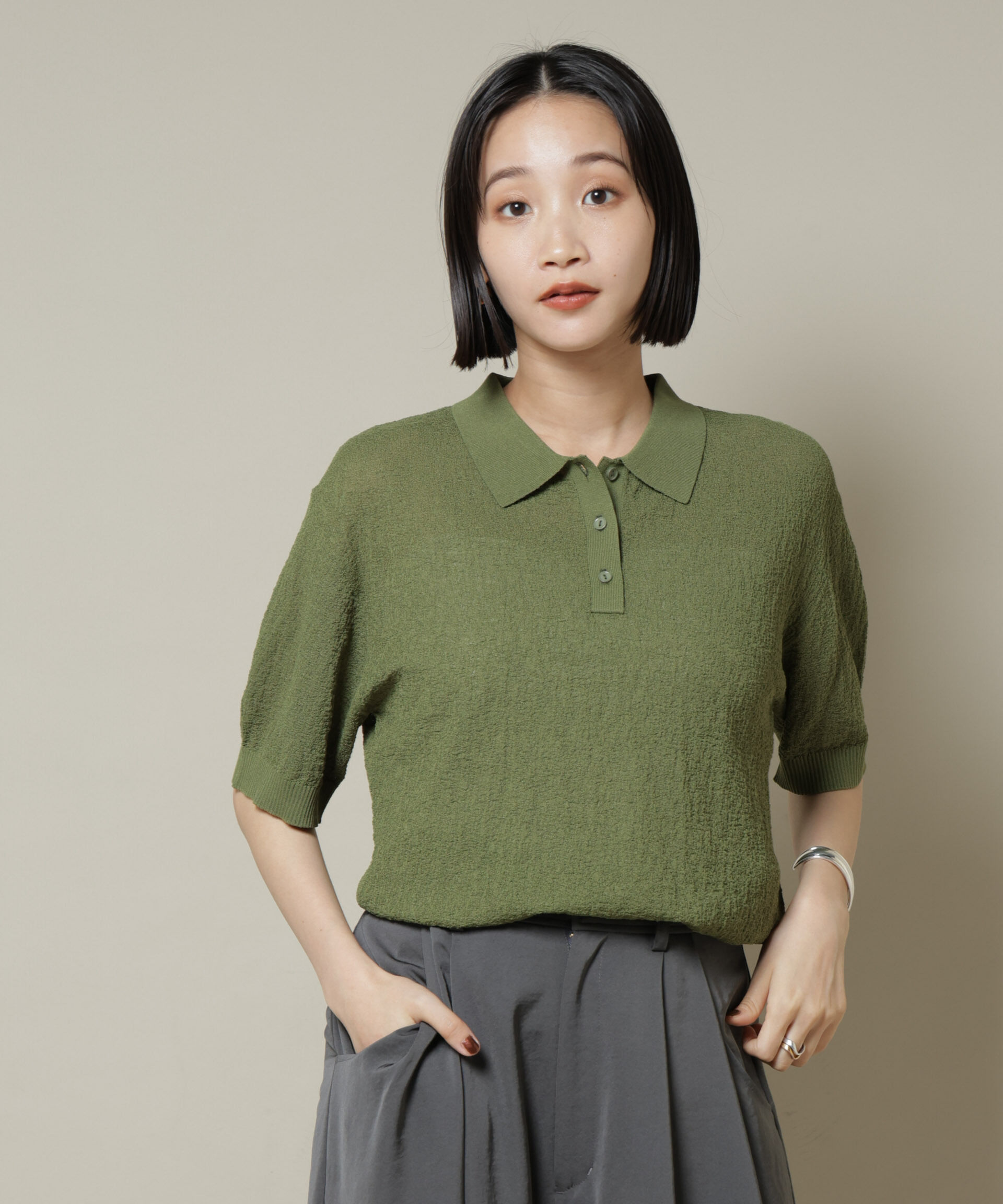 nano･universe「梨地半袖ポロニット」|ニット・セーター|