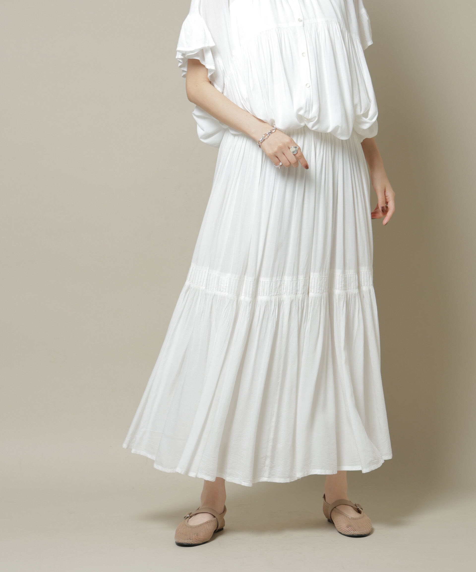 nano･universe「made in INDIA ギャザー切り替えフレアスカート(セットアップ可)」|スカート|ホワイト