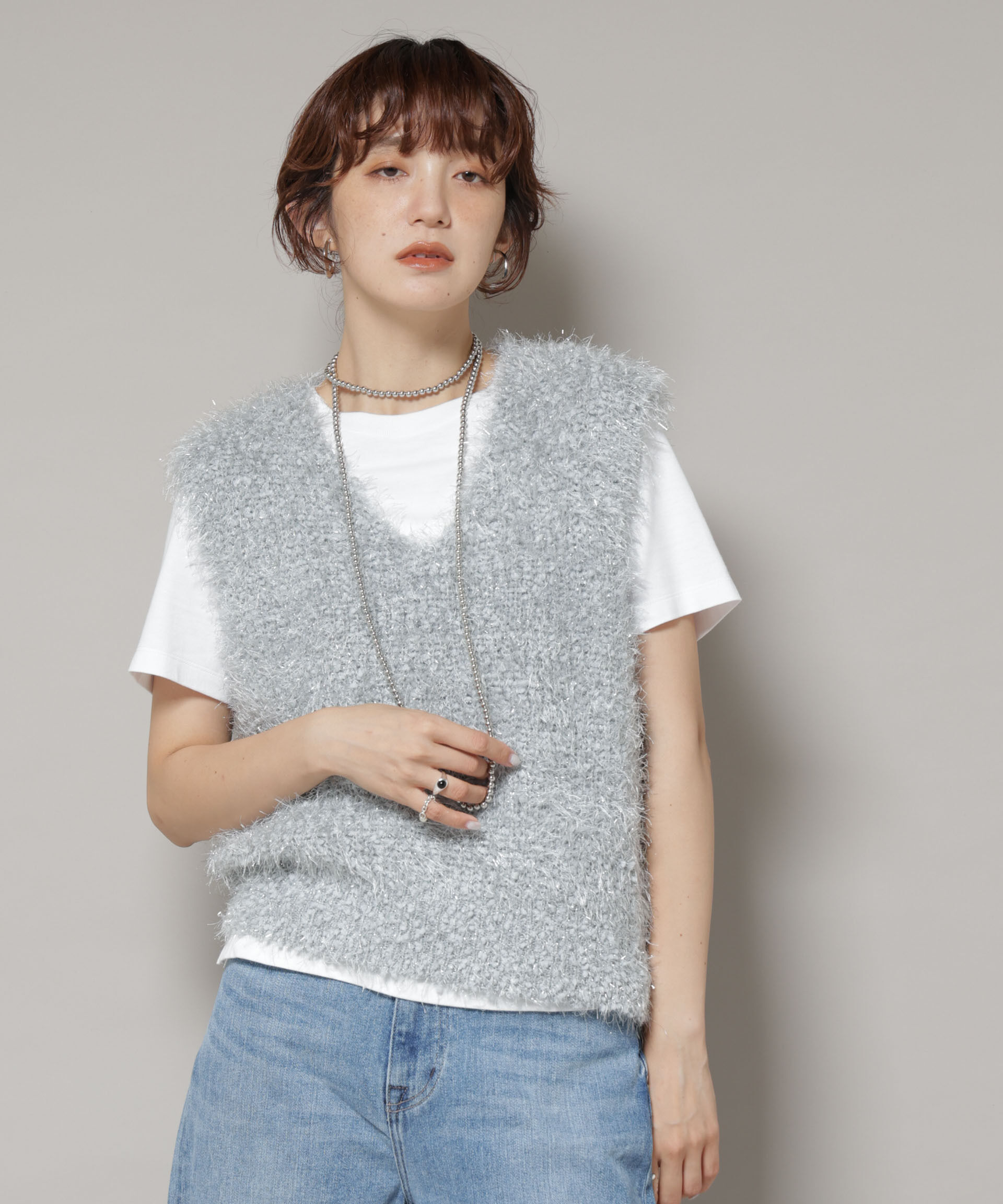 nano･universe「シャギーラメベスト」|ニット・セーター|L.グレー1