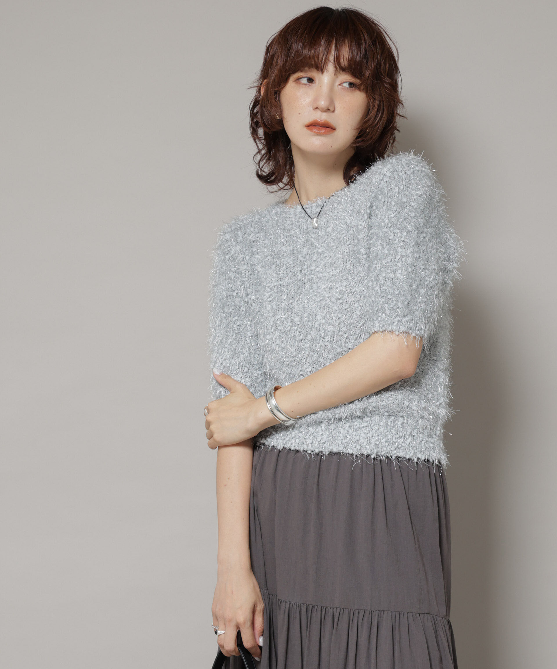 nano･universe「シャギーラメコンパクト半袖ニット」|ニット・セーター|