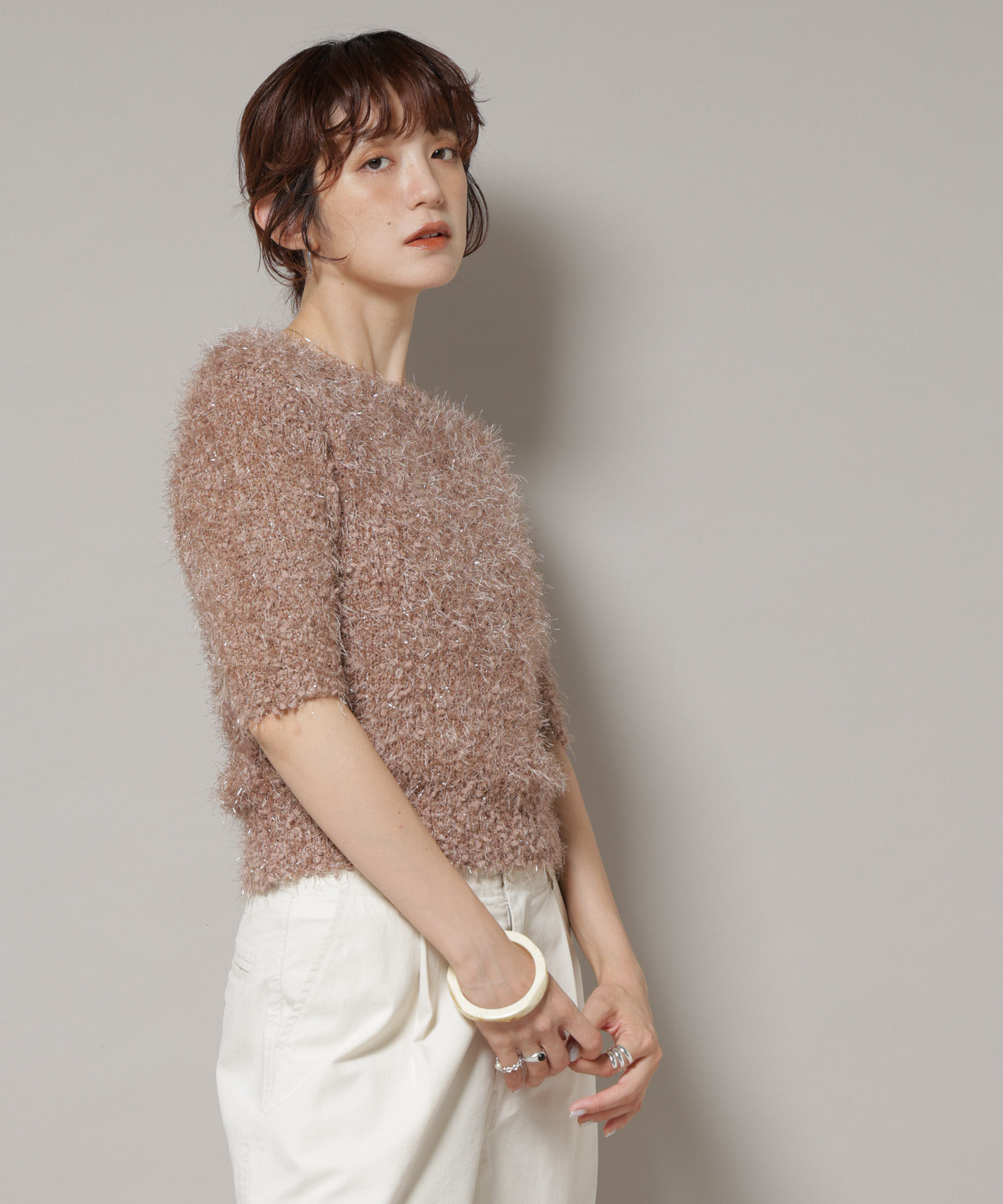 nano･universe「シャギーラメコンパクト半袖ニット」|ニット・セーター|