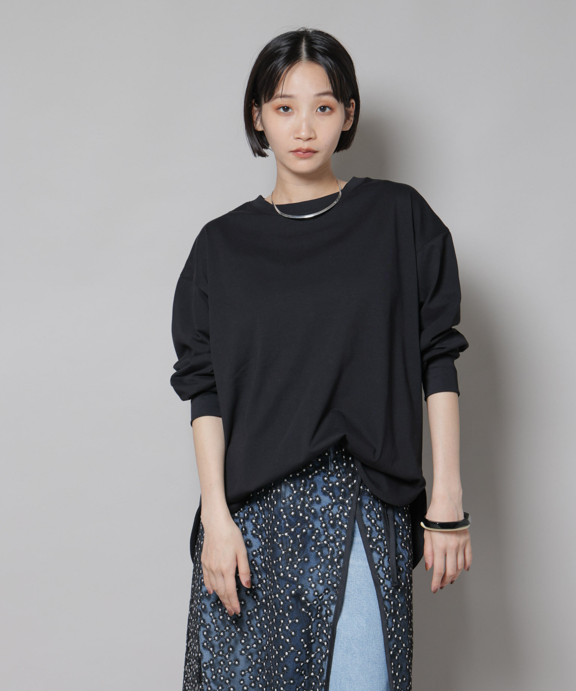 nano･universe「CVCプレーティング天竺ラウンドヘムカットトップス」|Tシャツ・カットソー|ブラック