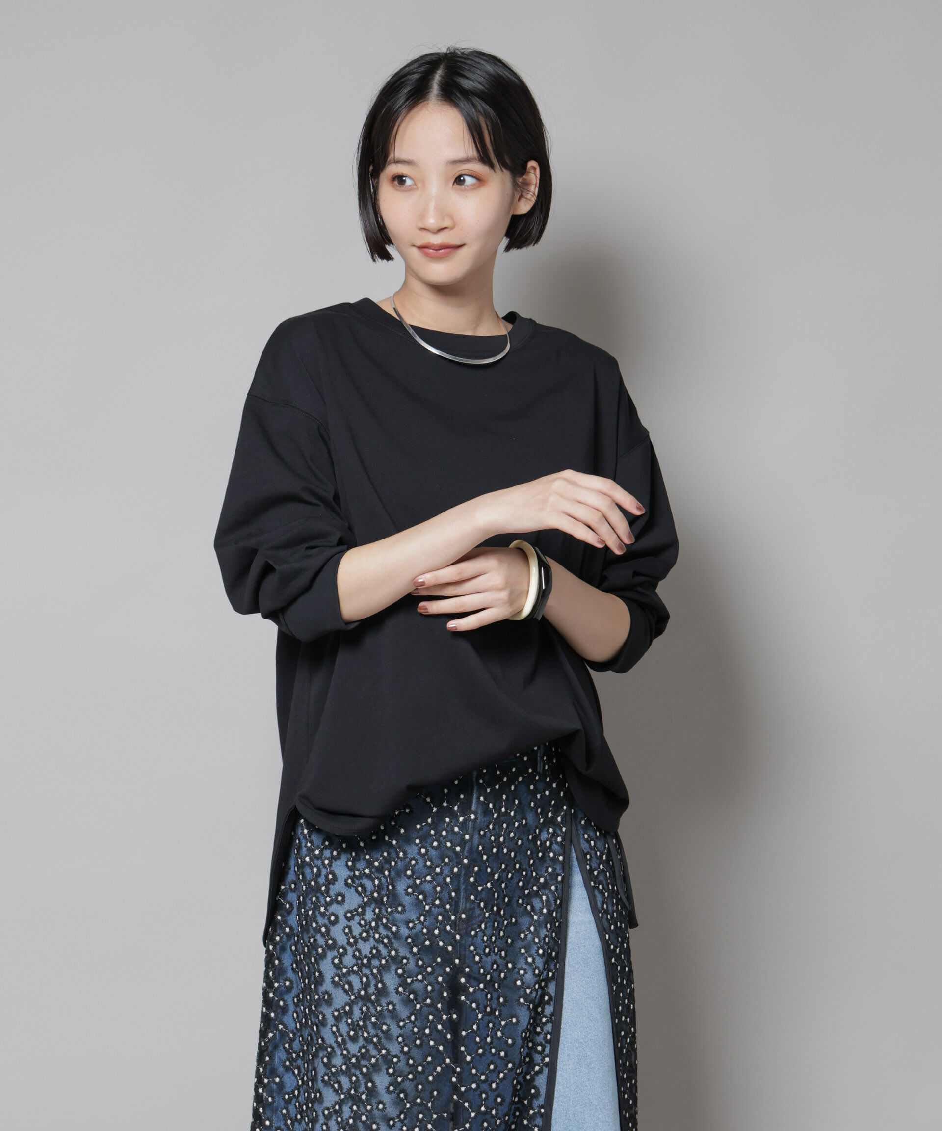 nano･universe「CVCプレーティング天竺ラウンドヘムカットトップス」|Tシャツ・カットソー|