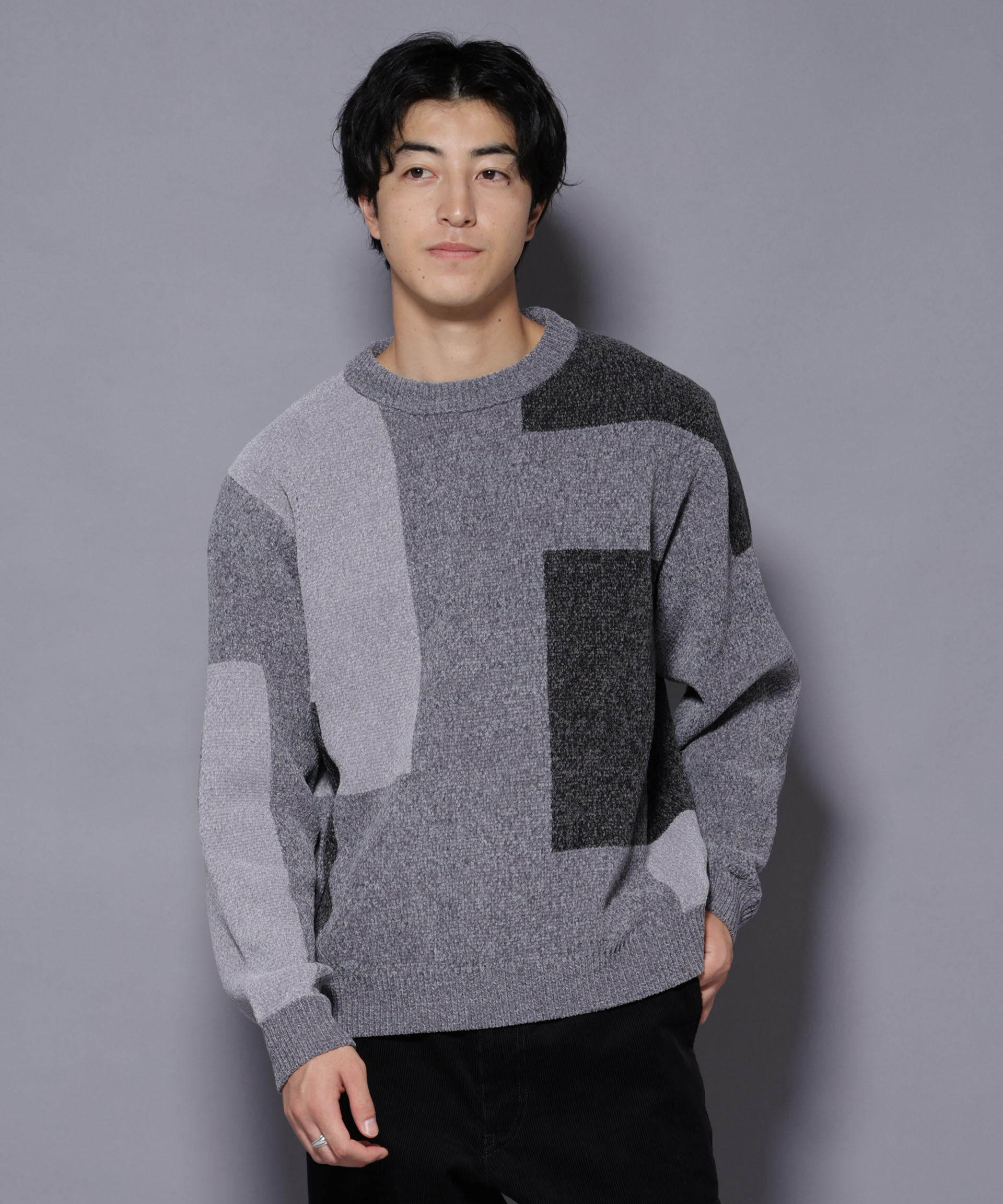 nano･universe「モールヤーンブロッキングニット」|ニット・セーター|グレー