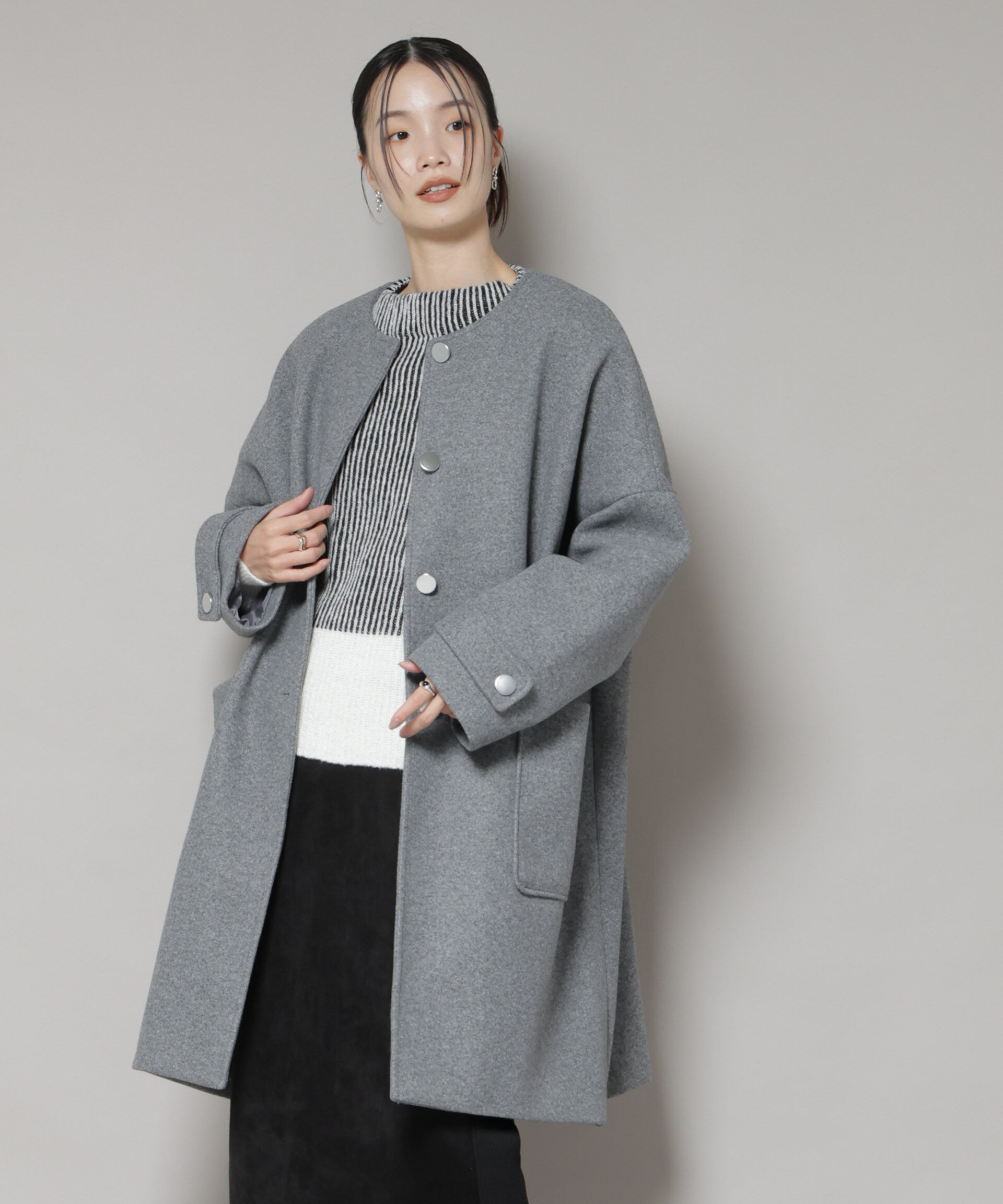 nano･universe「ノーカラーコクーンミドルコート」|その他|グレー