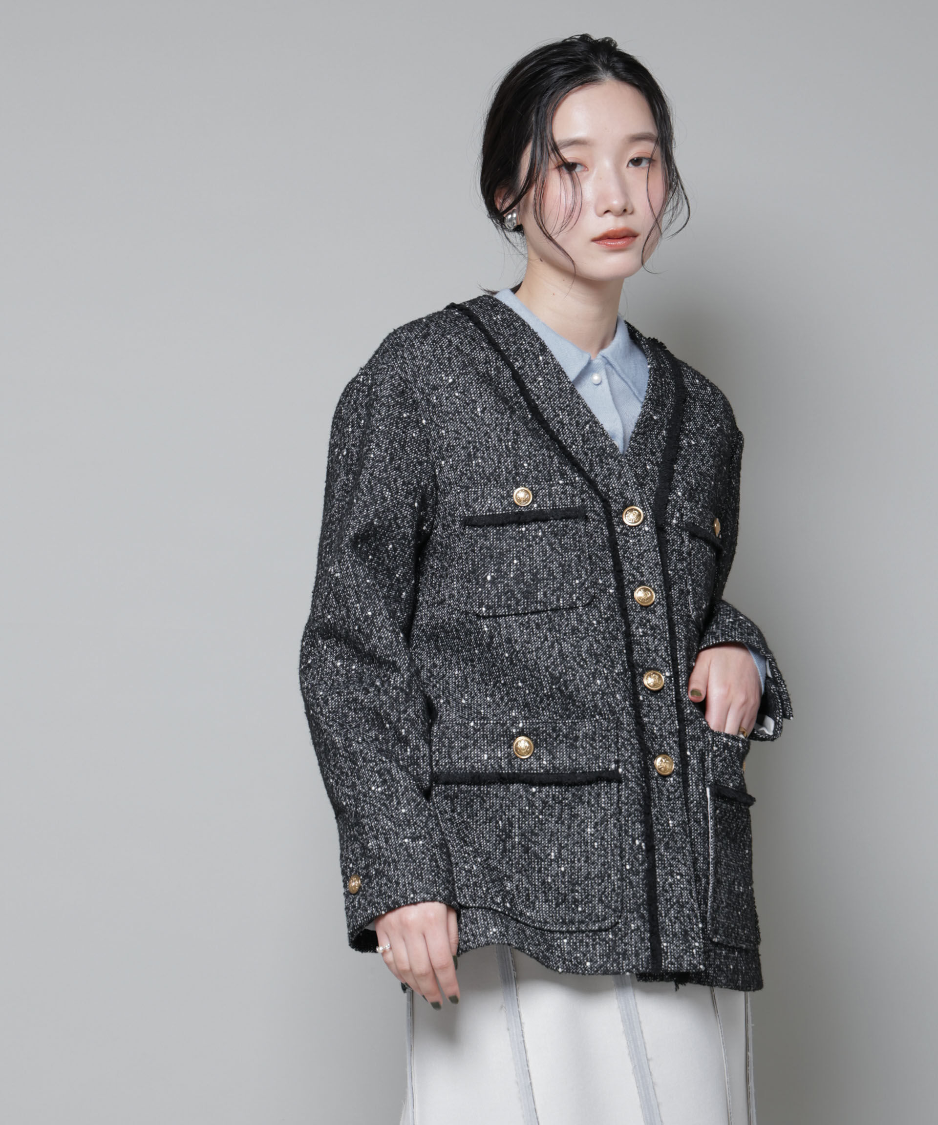nano･universe「ネップツイードノーカラージャケット」|テーラードジャケット|