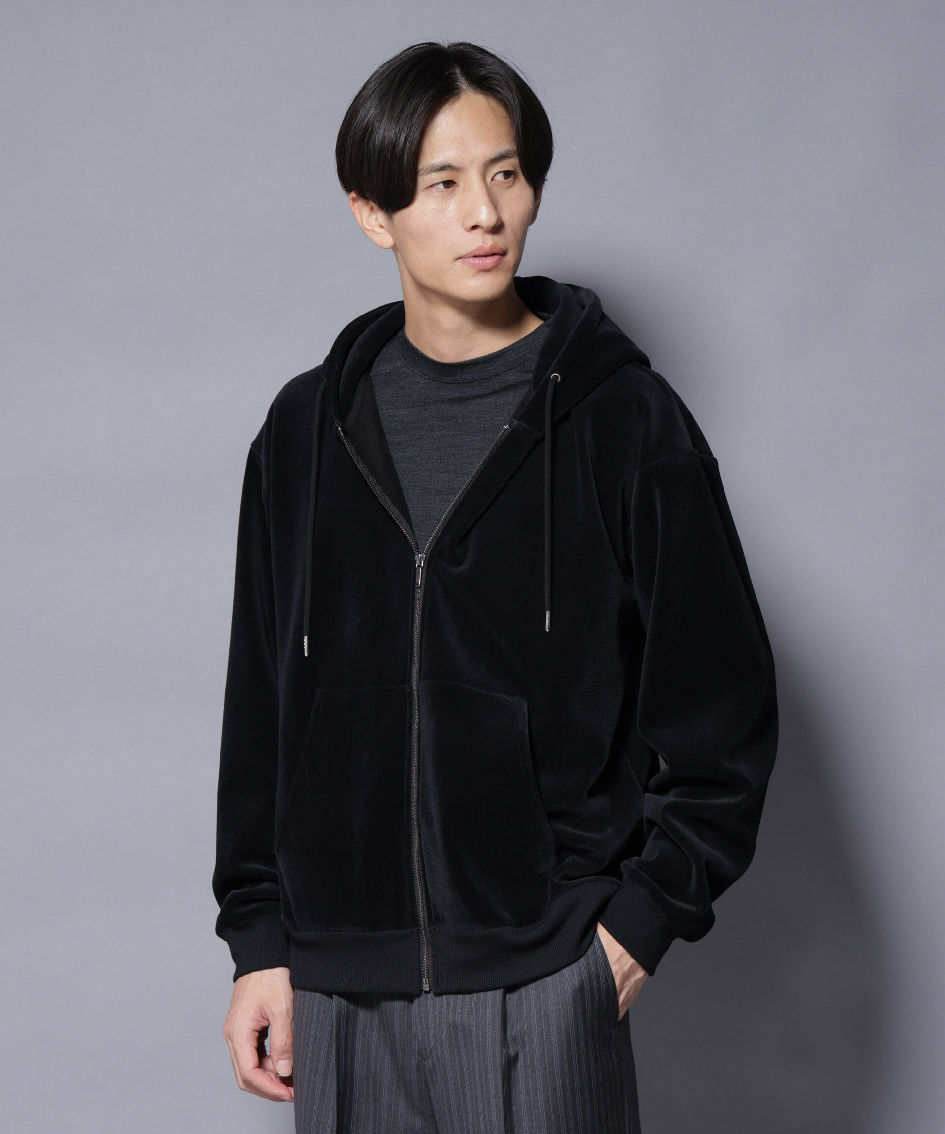 nano･universe「クロコ加工フリース ZIPパーカ」|Tシャツ・カットソー|ブラック