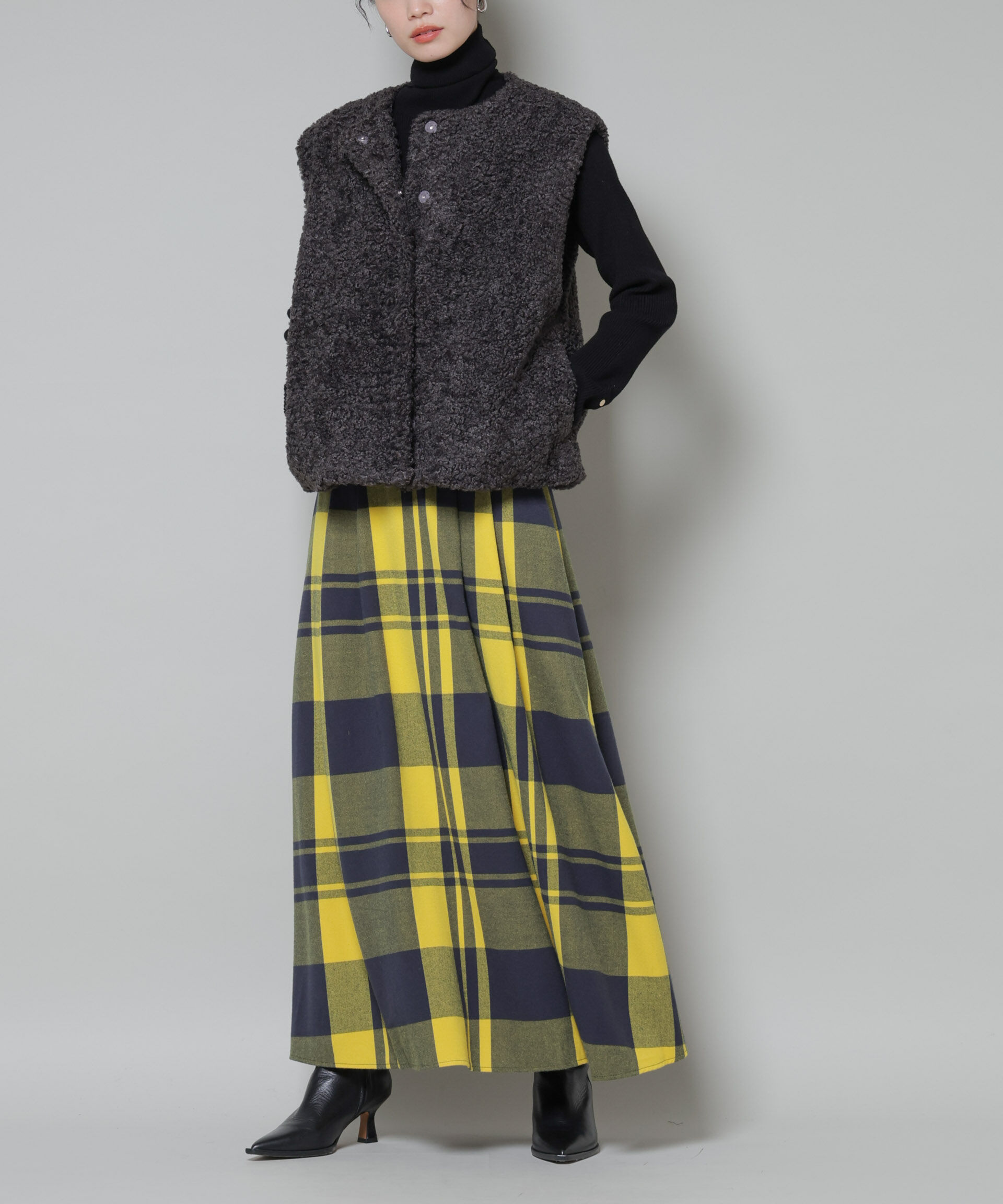 nano･universe「起毛チェックタックフレアスカート」|スカート|イエロー