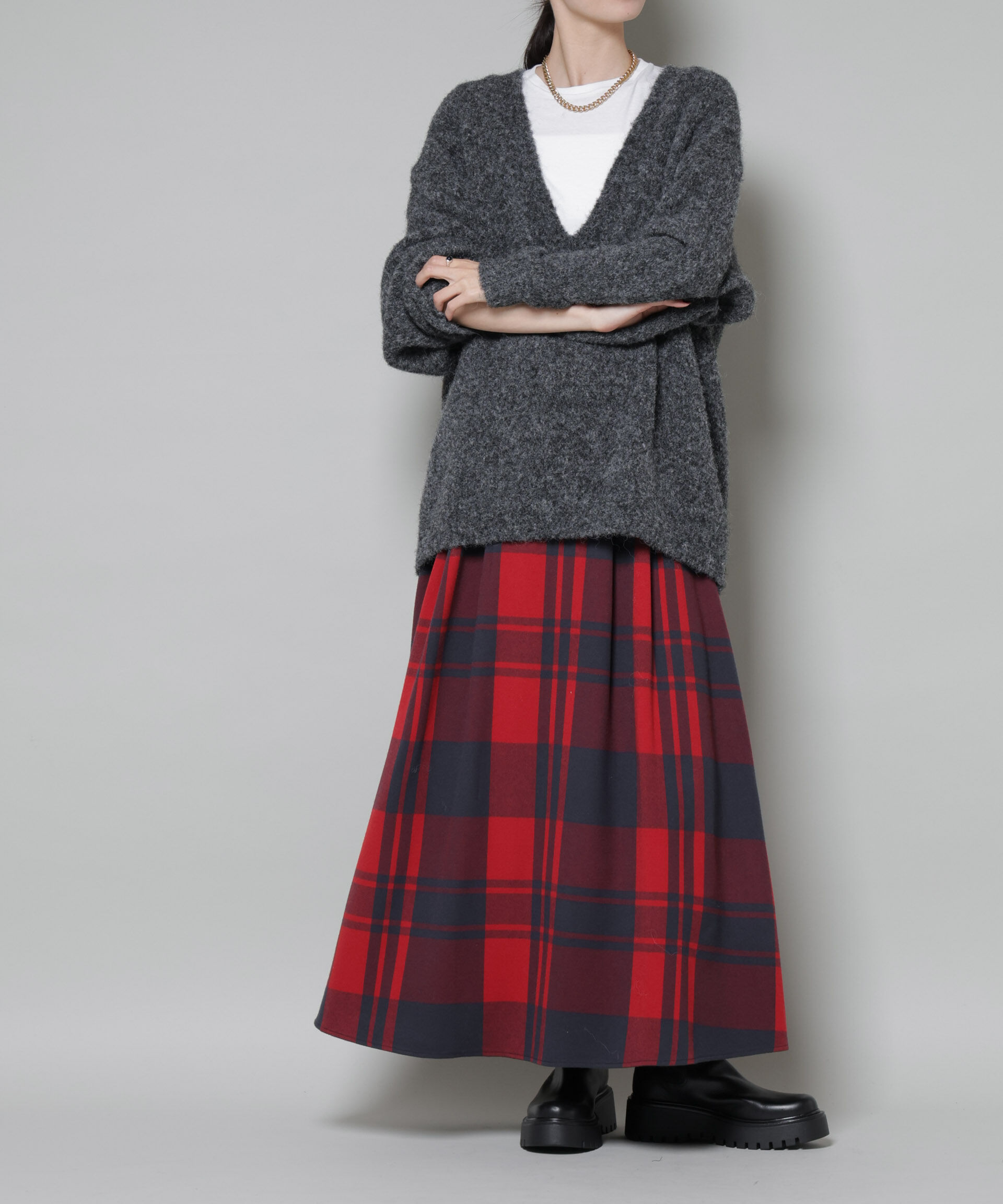 nano･universe「起毛チェックタックフレアスカート」|スカート|レッド