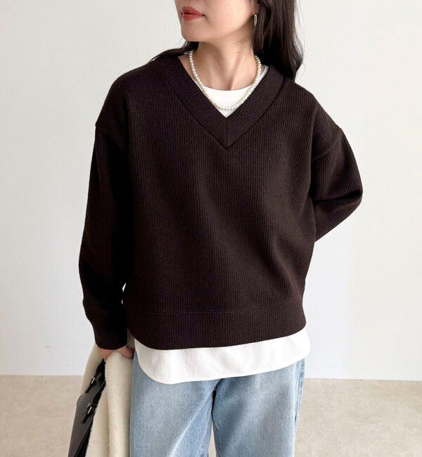 fredy emue「リブ見えニットソーVネックプルオーバー」|Tシャツ・カットソー|ブラウン