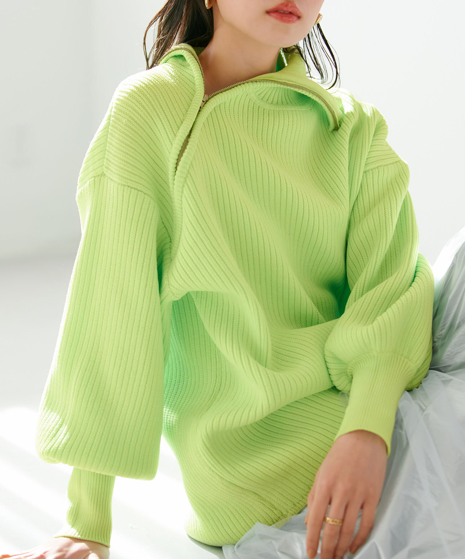 VIS「アシメファスナーニット」|ニット・セーター|ライトグリーン(33)