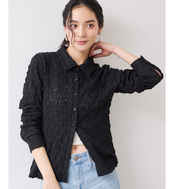 VIS「ストレッチレースジャガード衿付きカーディガン」|シャツ・ブラウス|
