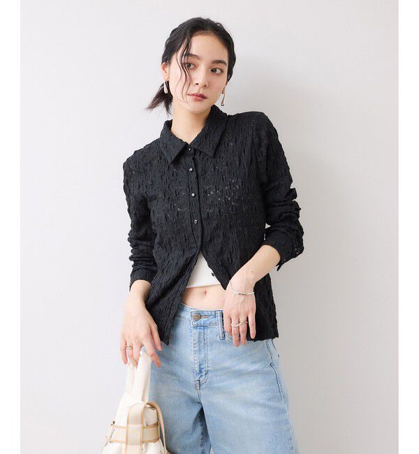VIS「ストレッチレースジャガード衿付きカーディガン」|シャツ・ブラウス|