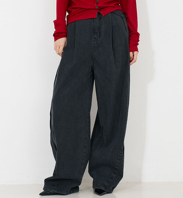 NOMINE「サイドライン タック ワイド ハイウエスト デニムパンツ」|デニム|